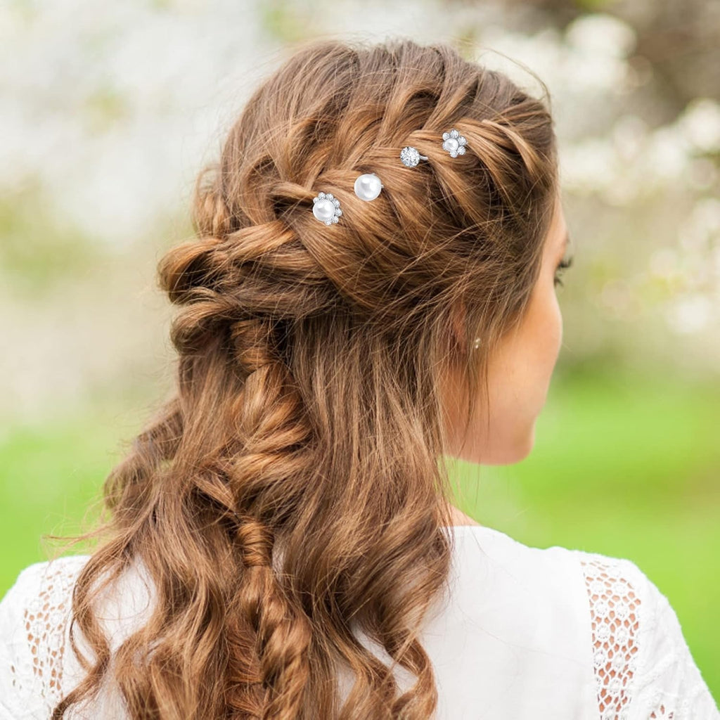 24pcs Silver Pearl Hair Pins Headpiece Metal U-shaped Rhinestone Flower Embellished Bobby Pins Bridal Hair Accessories for Women Girls Bride Bridesmaid Wedding, 4 Styles