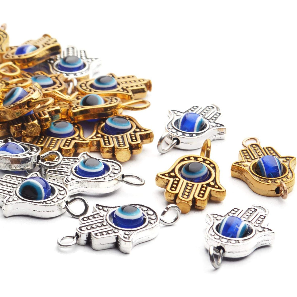 Hamsa Hand Beads Charms, 40pcs Antique Blue Evil Eye Beads Fashion Connectors Pendants Fatima Symbol Charms for DIY Necklace Bracelet Jewelry Making