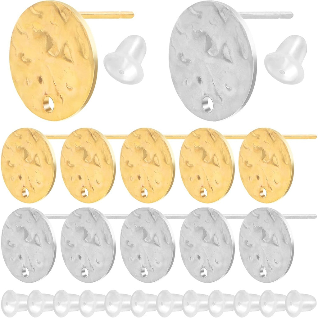 50pcs 12 mm Wavy Pattern Blank Flat Round Stud Earring Findings Stainless Steel Earring Posts with Loop and 50pcs Clear Silicone Earring Backs for DIY Jewelry Making, 2 Colors