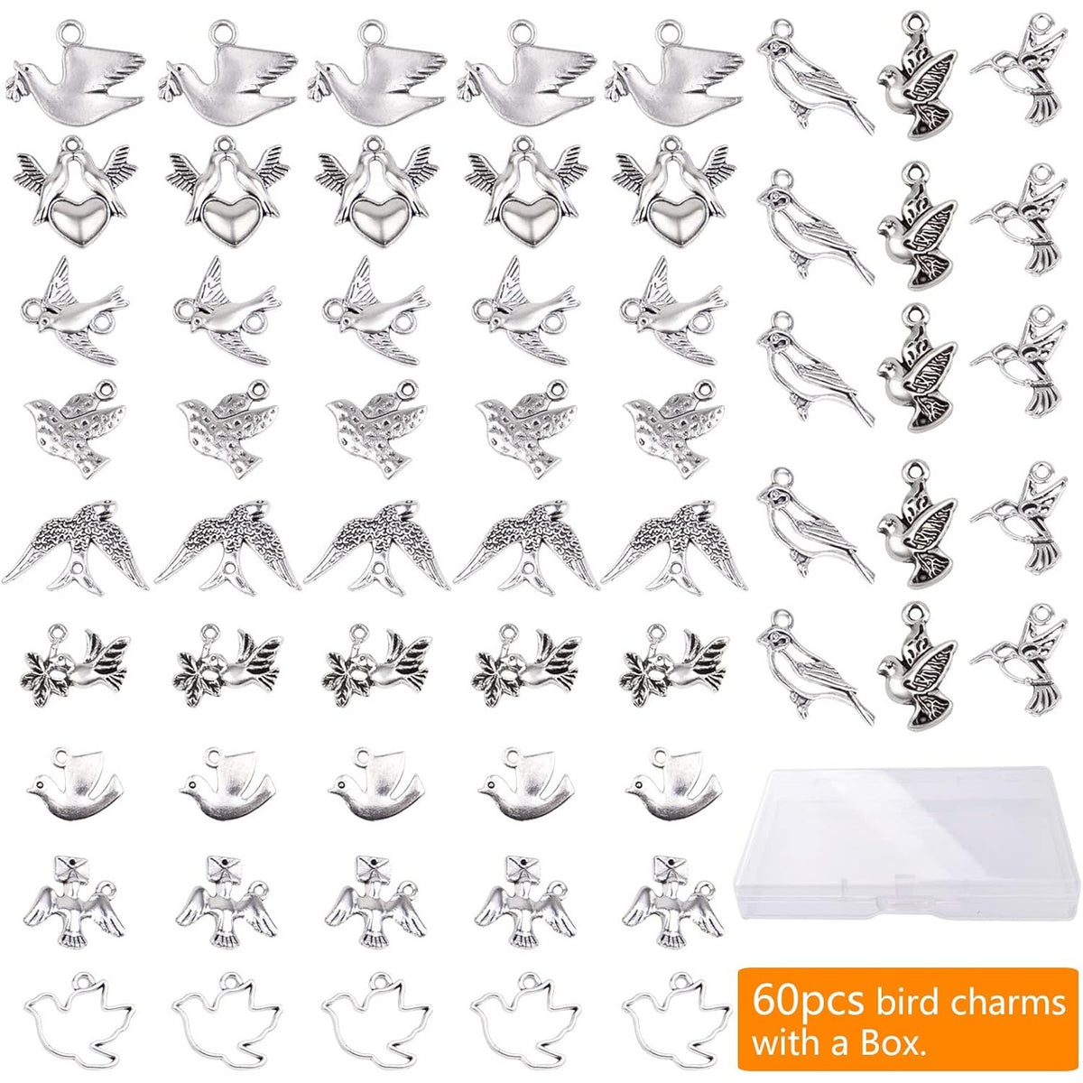 60pcs 12 Styles Bird Charms Tibetan Alloy Swallow Hummingbird Pendants Vintage Animal Charms with a Box for DIY Bracelet Necklace Jewelry Making, Antique Silver