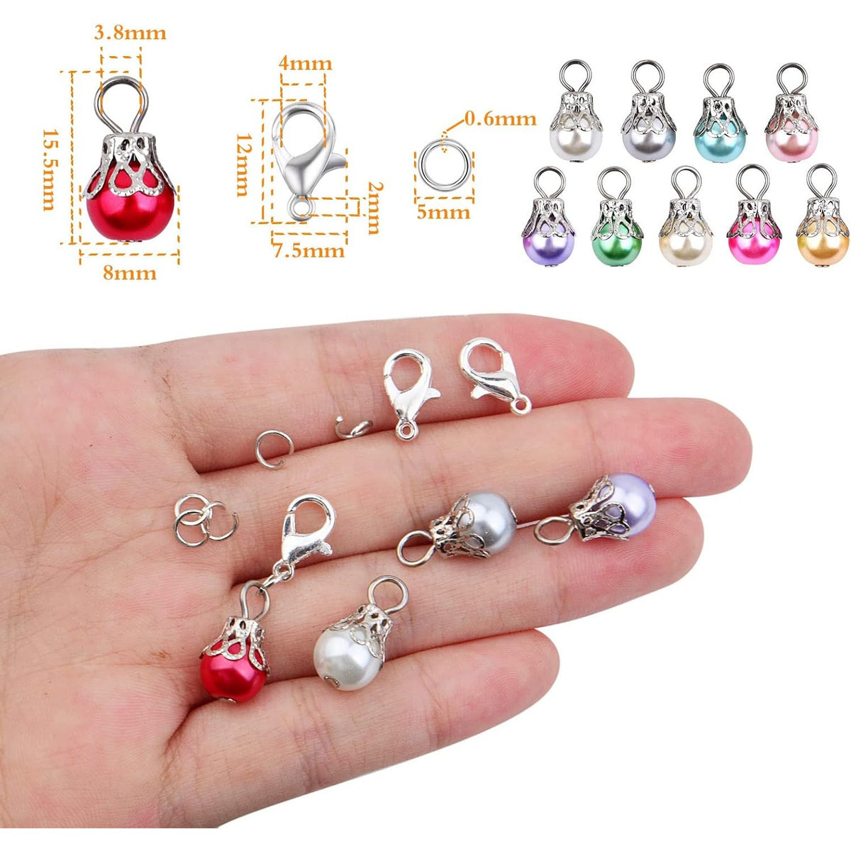 50pcs Muti-Color Clip-On Pearl Dangle Pendants Silver Flower Bead Cap Drops with 50pcs Lobster Clasps Accessory fit Floating Locket Charms Necklace Jewelry Making