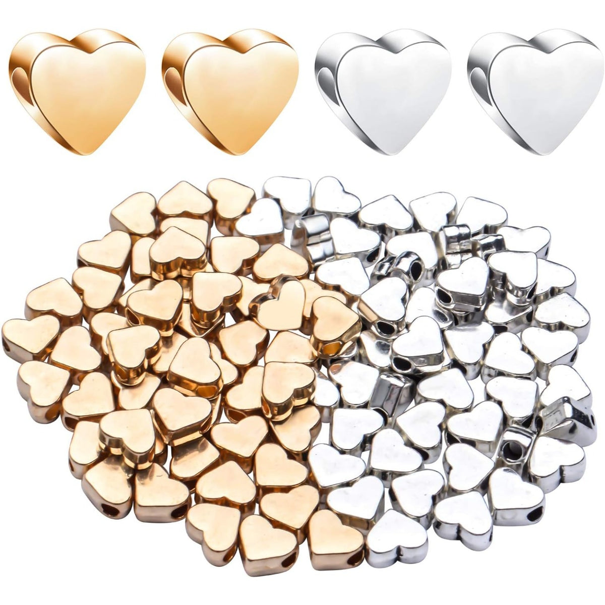 100 Pieces Heart Shape Beads European Heart Spacers Loose Beads Jewelry Heart Charms for DIY Jewelry Necklace Earring Bracelet Handmade Crafts Supplies (Gold, Silver)