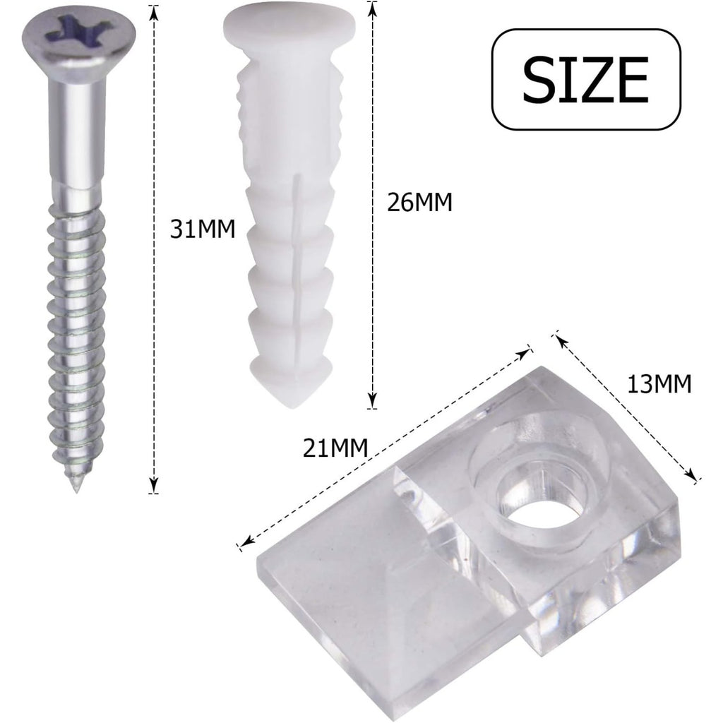 Mirror Panel Clips,20 Pack Plastic Mirror Holder Clips Transparent Mirror Retainer Clips Wall Mount Bracket Tool Kit with Screw and Anchor for Fixing Mirror Cabinet Door