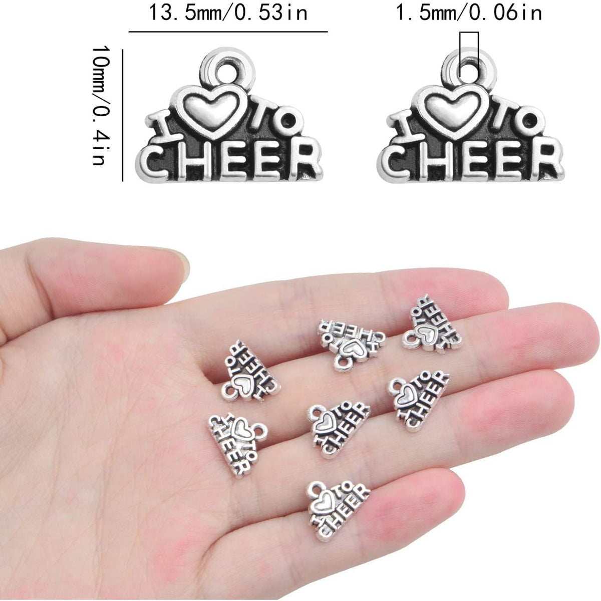 100pcs Antique Silver I Love to Cheer Charms Vintage Alloy Love Cheer Pendants Sport Cheerleader Dangle Charms for DIY Necklace Bracelet Jewelry Supplies Cheerleading Gifts