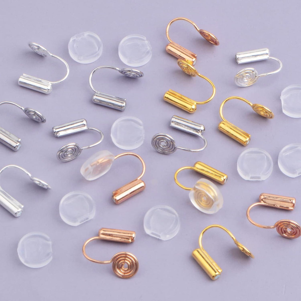 16pcs Mosquito Incense Shape Earring Clips with Post Brass Clip-on Earring Converters Components and 16pcs Painless Earring Pads for Non-Pierced Ears DIY Jewelry Making, 4 Colors