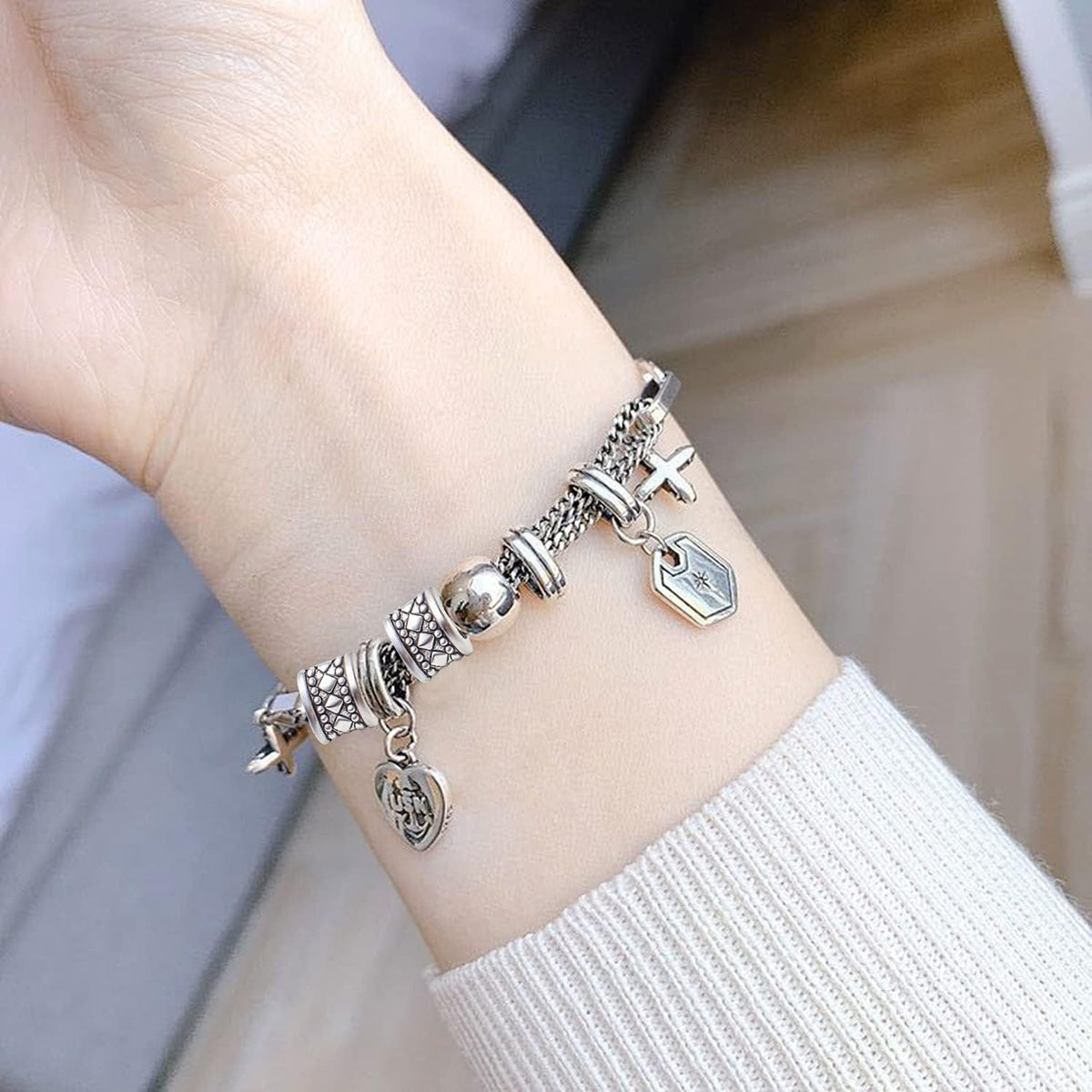 50pcs Antique Silver Large Hole Spacer Beads Tibetan Alloy Column Spacers Tube Bead Spacers Rondelle Loose Beads Charm Beads for Jewelry DIY Bracelet Crafts Making,Hole: 5.7mm
