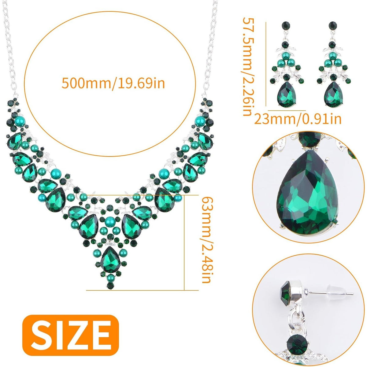 Jewelry Set for Women, 1 Set Green Pearl Crystal Necklace and Dangle Earrings Elegant Bridal Floral Cluster Teardrop Statement Necklace Earrings for Party Prom Gifts