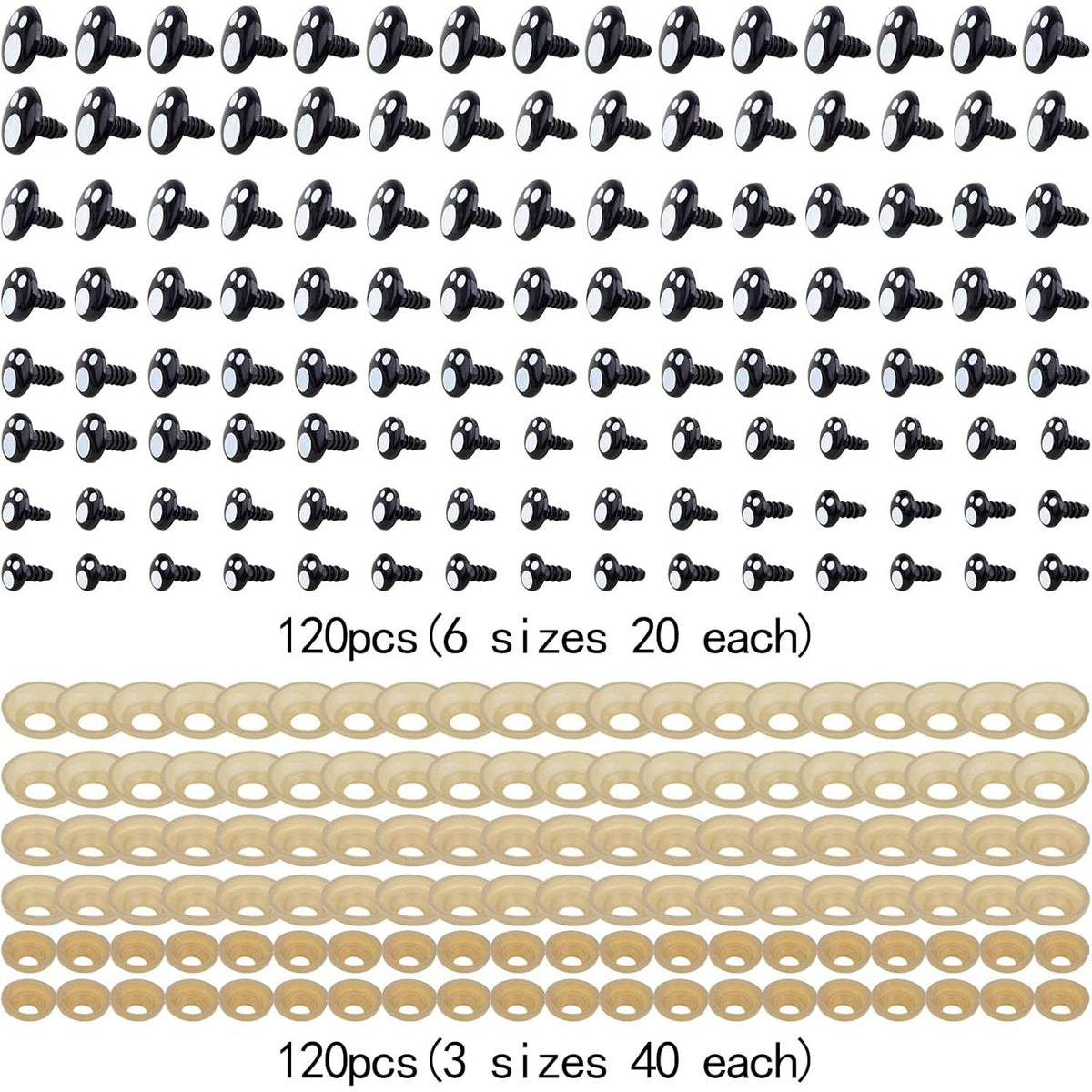 120pcs 6 Sizes Plastic Doll Eyes Black Stuffed Toy Crochet Eyes Kawaii Safety Eyes Resin Craft Eyes with 120pcs Washers for Teddy Bear Amigurumi Craft Puppet Plush Animal Making