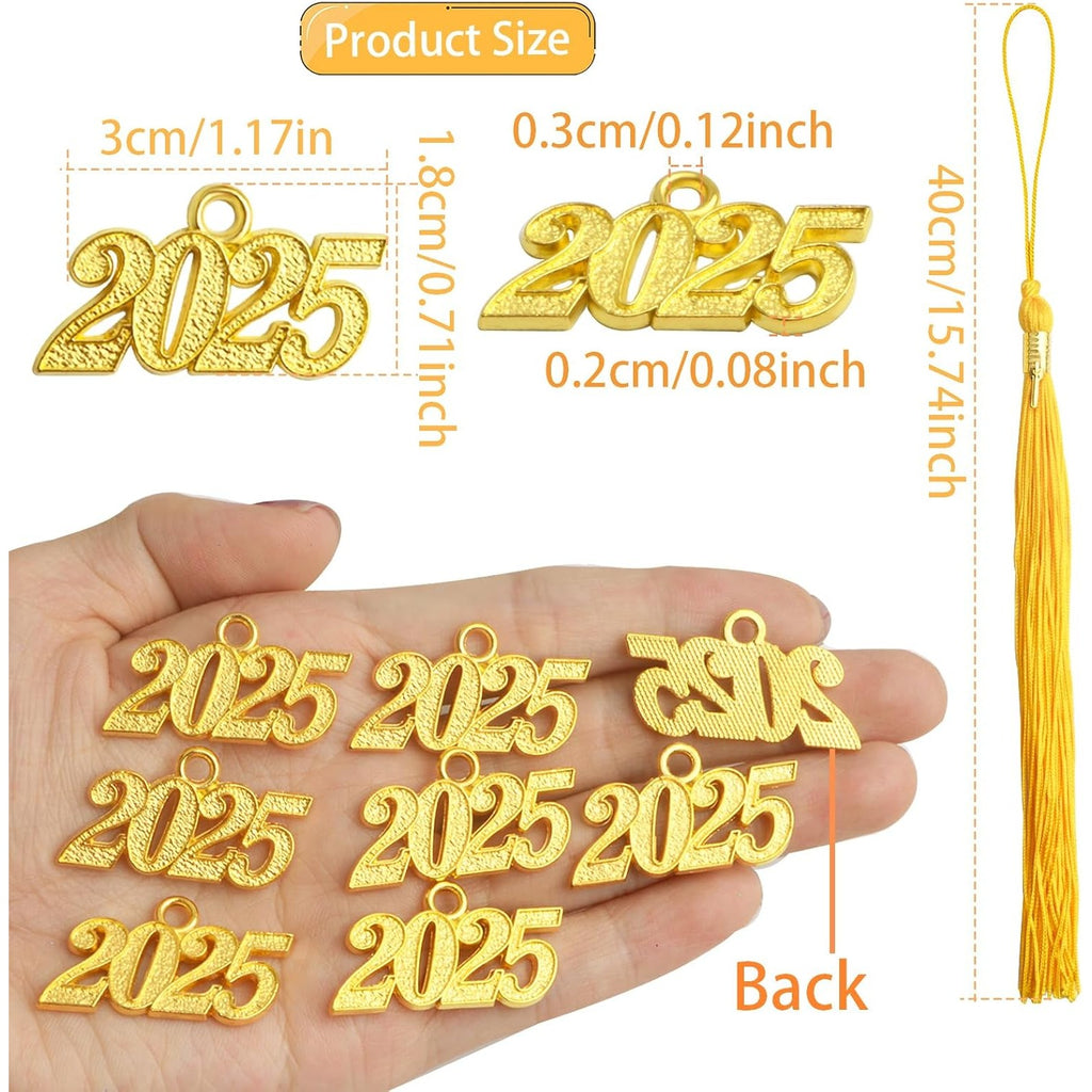 10pcs Yellow Graduation Tassels Grad Cap Decors with 10pcs Golden 2025 Year Charm Pendants for 2025 Graduates Graduation Hats Ceremonies Parties Decorations Souvenirs