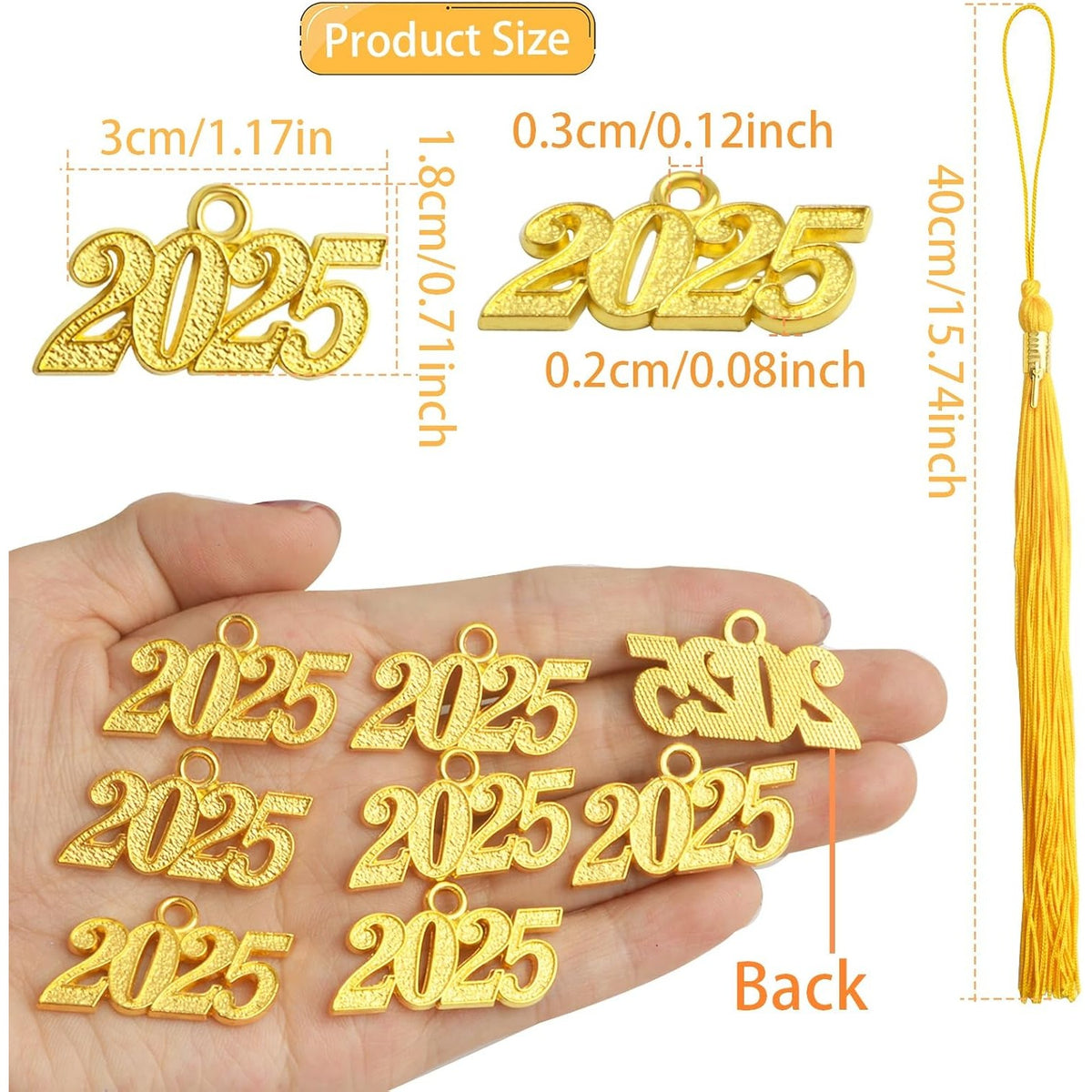 10pcs Yellow Graduation Tassels Grad Cap Decors with 10pcs Golden 2025 Year Charm Pendants for 2025 Graduates Graduation Hats Ceremonies Parties Decorations Souvenirs