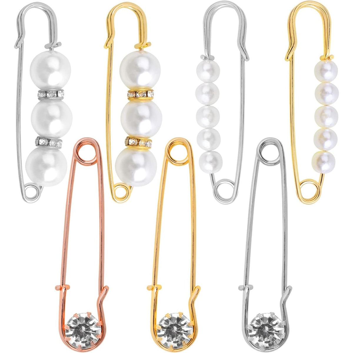 7 Pieces 3 Styles Pearl Brooch Pins Sweater Shawl Clips Faux Pearl Rhinestones Collar Safety Pins for Women Girls Clothing Dresses Decoration Accessories, 3 Colors