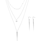 1 Set Stainless Steel Triple Layered Necklace Bead Chain Collars Long Necklace Chokers Coin Long Bar Pendant Necklaces Collars and 1 Pair Bar Pendant Earrings for Women Gift