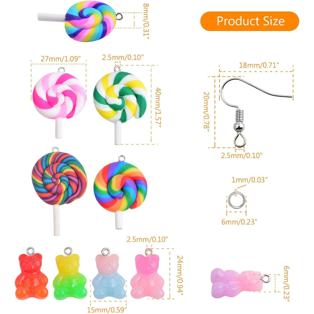 10pcs Colorful Sweet Candy Lollipop Charms and 10pcs Gummy Bear Pendants Resin Polymer Clay Charms with 20pcs Earring Hooks and 20pcs Jump Rings for DIY Earrings Craft Jewelry Making