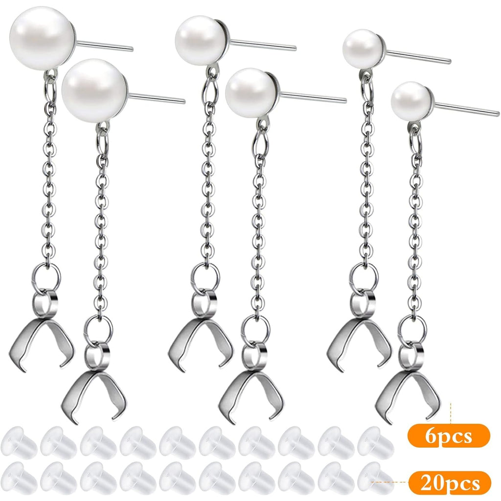 6pcs Stainless Steel Pearl Earring Studs Hypoallergenic Ear Posts with Loop and Pinch Clasp Chains, and 20pcs Clear Earring Backs for DIY Dangle Earring Jewelry Making, 3 Sizes