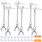 6pcs Stainless Steel Pearl Earring Studs Hypoallergenic Ear Posts with Loop and Pinch Clasp Chains, and 20pcs Clear Earring Backs for DIY Dangle Earring Jewelry Making, 3 Sizes