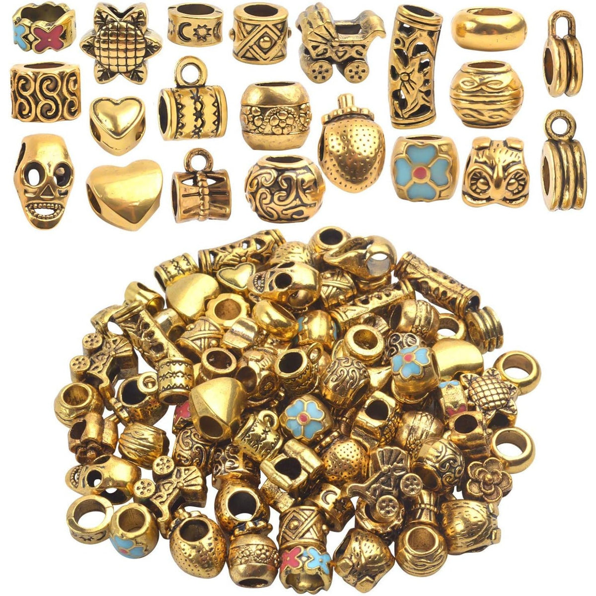 Tibetan Loose Spacer Beads, Mixed 92 Pieces Tibetan Antique Gold Spacer Loose Beads Fit European Charm Bracelet Necklet Jewelry Making