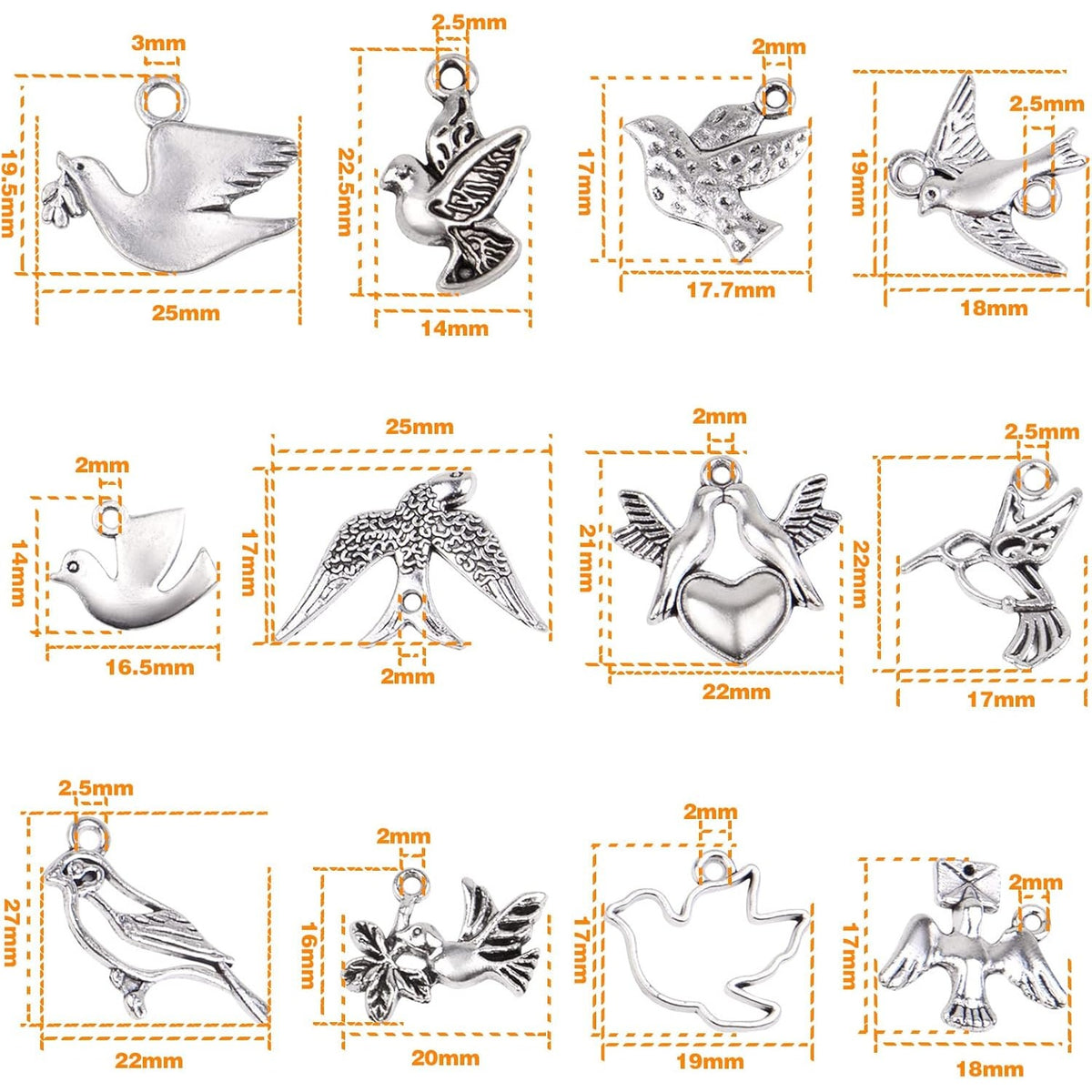 60pcs 12 Styles Bird Charms Tibetan Alloy Swallow Hummingbird Pendants Vintage Animal Charms with a Box for DIY Bracelet Necklace Jewelry Making, Antique Silver