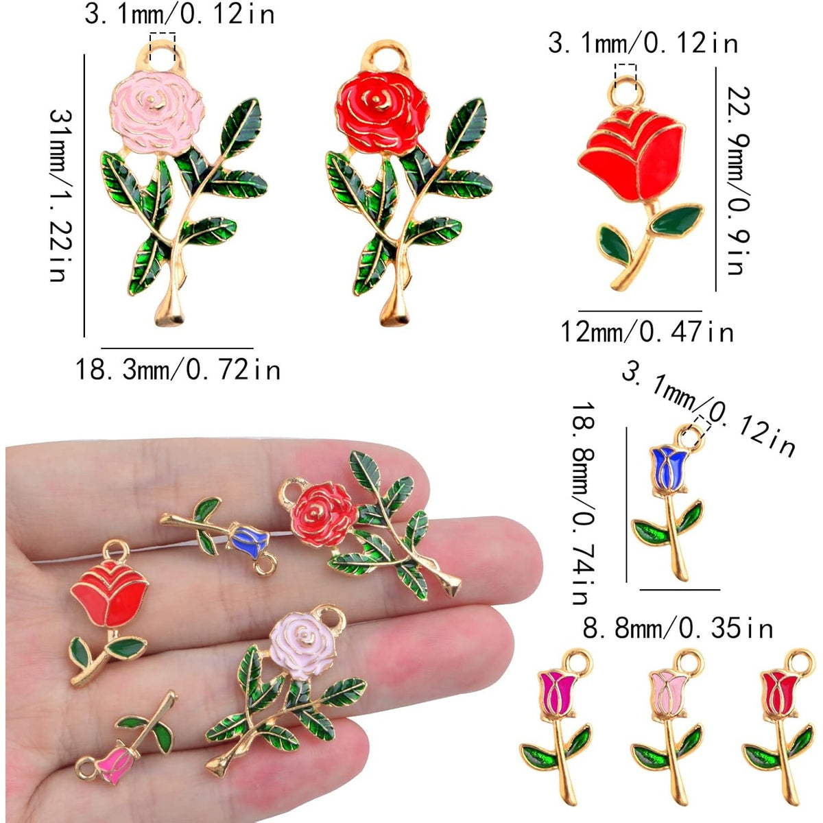 35pcs Multi-colored Enamel Rose Flower Charms Golden Plated Alloy Mini Flower Dangle Pendants for DIY Necklace Bracelet Earrings Jewelry Making Findings, 3 Styles