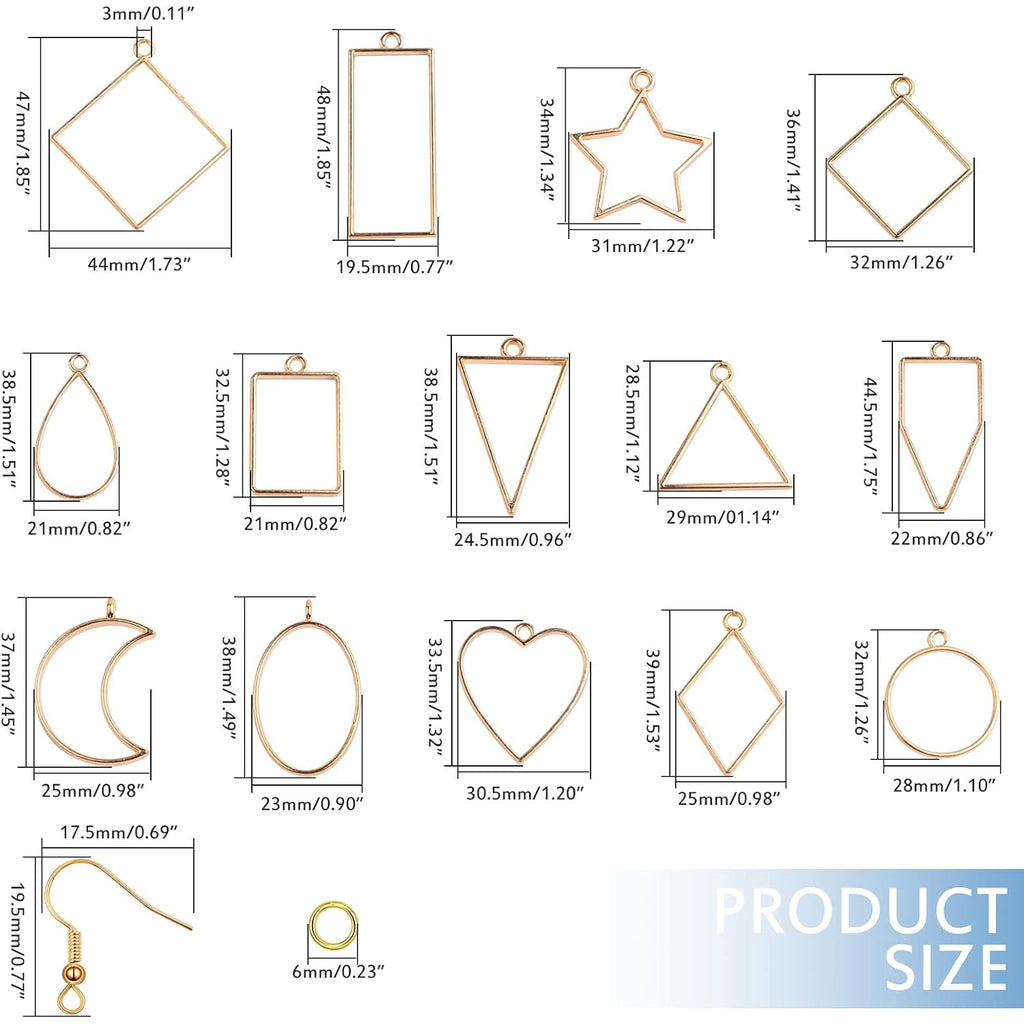 28pcs 14 Styles Hollow Frame Pendants Resin Craft Open Bezels Pendants Molds and 28pcs Earring Hooks with 28pcs Open Jump Rings for Resin Casting Earrings Jewelry Making Supplies