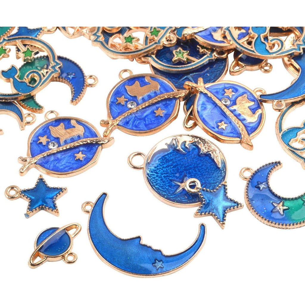 24 Pieces Gold Plated Enamel Charms Pendants, Blue Enamel Moon Star Pendant Crafting Accessories for Making Earrings Necklace DIY, 8 Styles