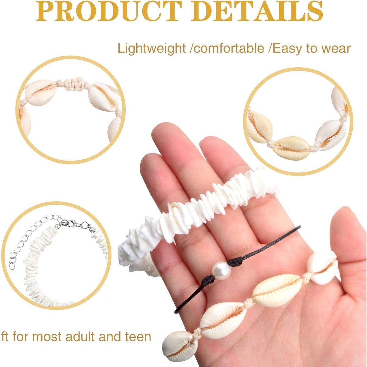 4pcs Puka Shell Necklaces Adjustable Natural Seashell Pearl Bead Choker Necklace Handmade Cowrie Shells Surfer Bracelet Hawaiian Summer Beach Boho Jewelry Set for Women Gifts