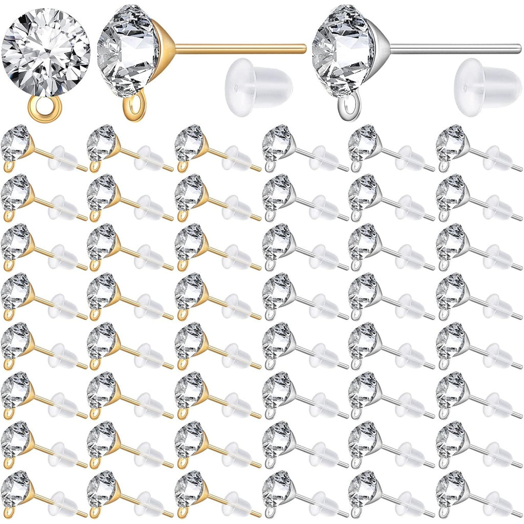 100 Pieces 6 mm 2 Colors Rhinestone Earring Studs Metal Earring Posts with Loop and 100 Pieces Clear Bullet Earring Backs for DIY Dangle Jewelry Making Supplies