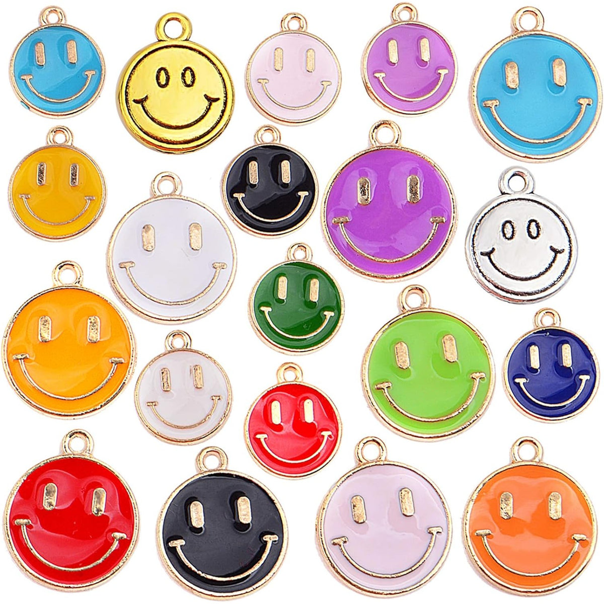 60pcs Golden Plated Colorful Enamel Smiley Face Charms Antique Alloy Smiling Happy Face Dangle Pendants Craft Supplies for DIY Jewelry Making Decorative Gifts, 3 Sizes