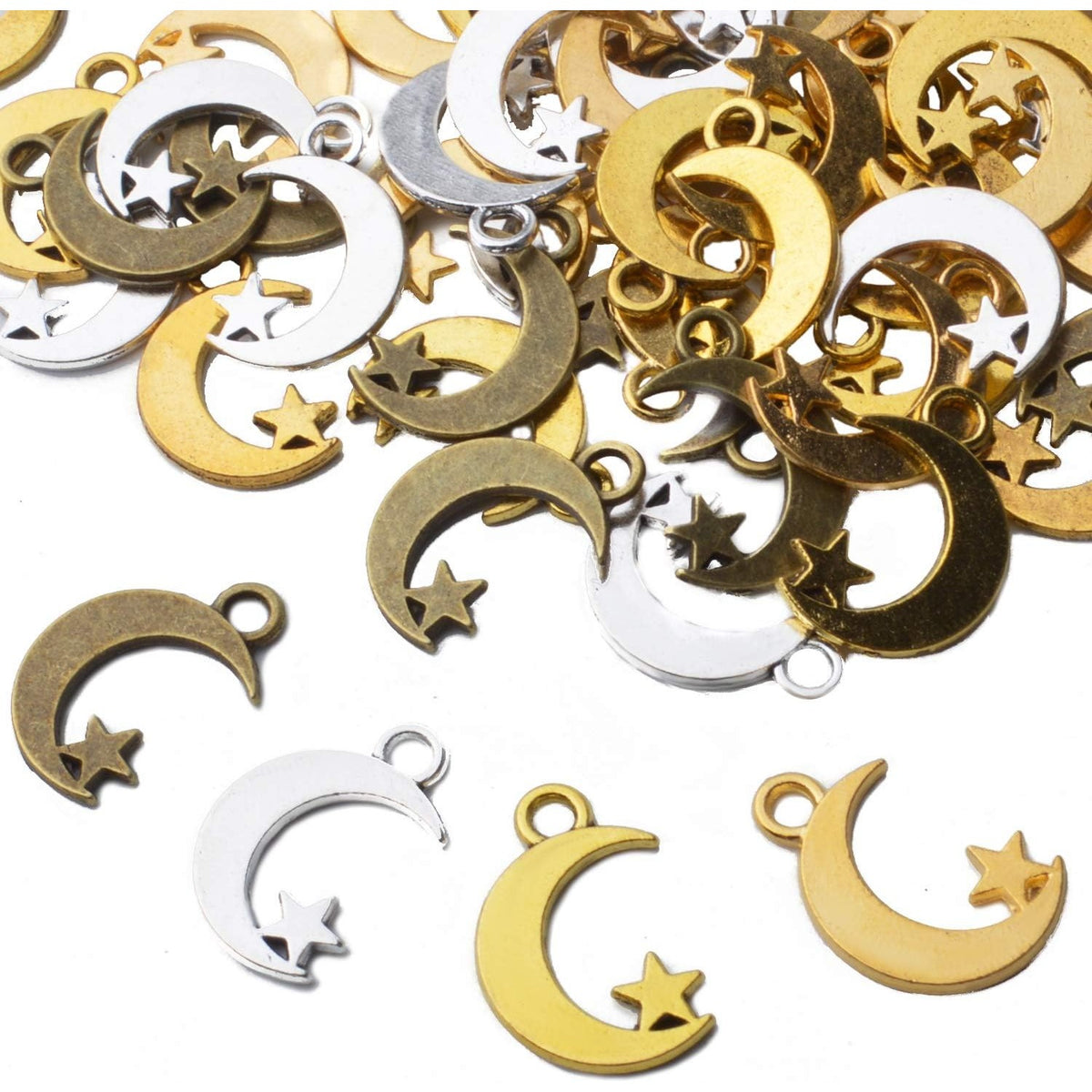 100pcs Alloy Moon Star Charm Pendants Celestial Beads Charms for DIY Earrings Necklace Bracelet Jewelry Crafts Making,4 Colors