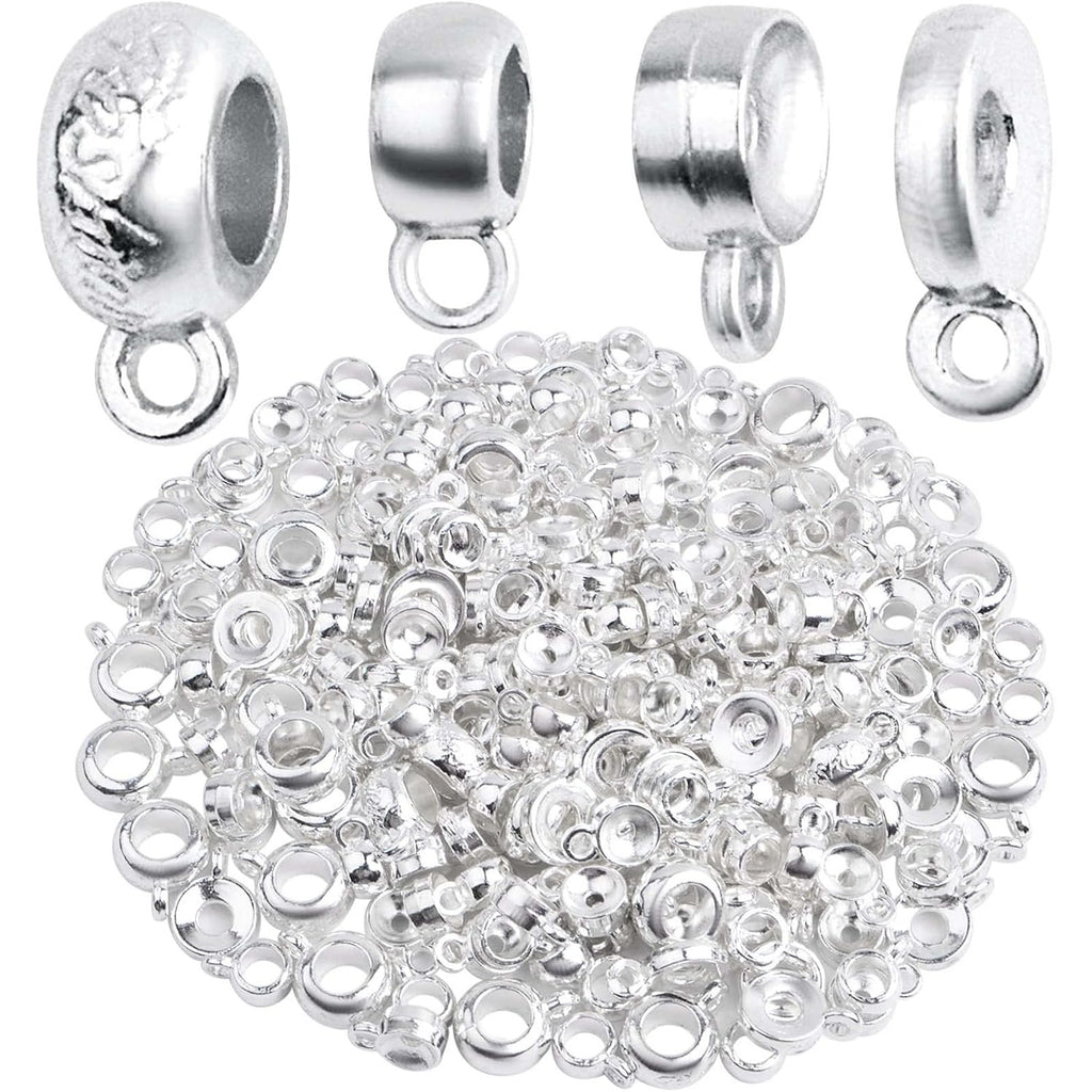 100 Gram 4 Styles Bail Tube Beads Alloy Bail Beads Connectors Spacer Bead Hanger Links Charms for DIY European Bracelet Jewelry Making Supplies, Bright Silver