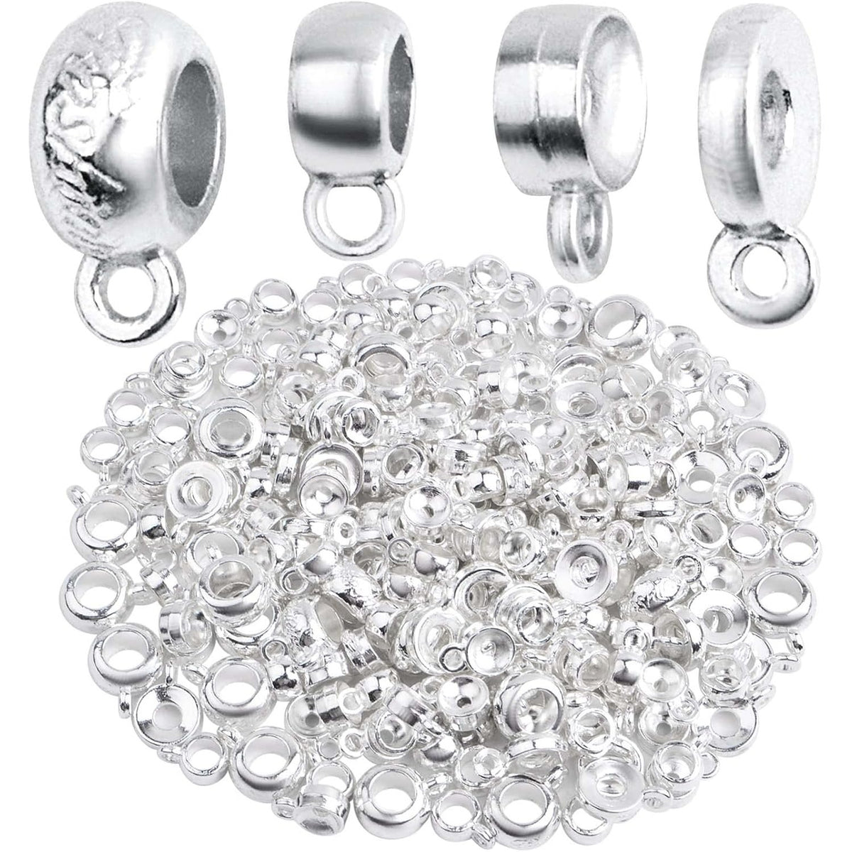 100 Gram 4 Styles Bail Tube Beads Alloy Bail Beads Connectors Spacer Bead Hanger Links Charms for DIY European Bracelet Jewelry Making Supplies, Bright Silver