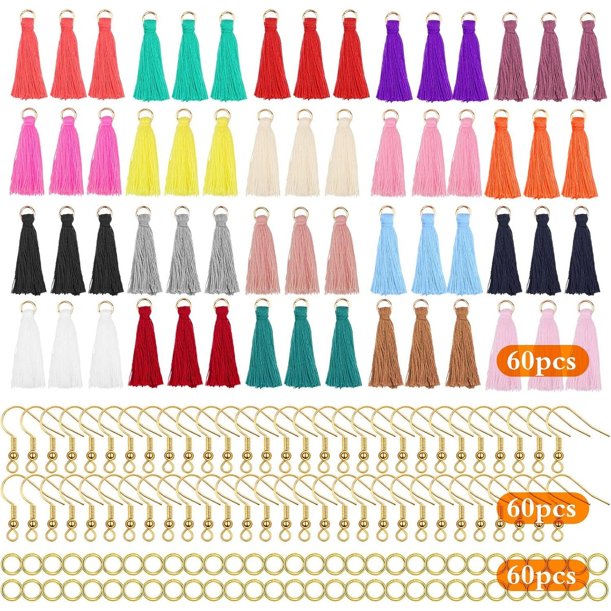60pcs Multi-Colored Mini Tassel Charms Silky Handmade Tassels Pendant with 60pcs Golden Plated Earring Hooks and 60pcs Jump Rings for DIY Earring Bookmarks Jewelry Craft Making