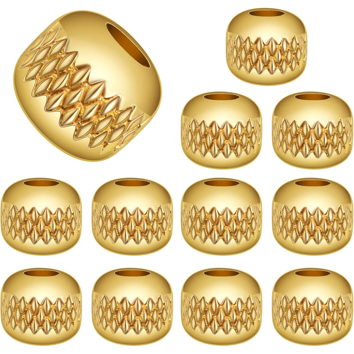 12pcs 8 mm Golden Round Large Hole Textured Spacer Beads Hypoallergenic Brass Pineapple Stripe Rondelle Loose Beads for DIY Leather Cord Snake Chain Bracelet Jewelry Making