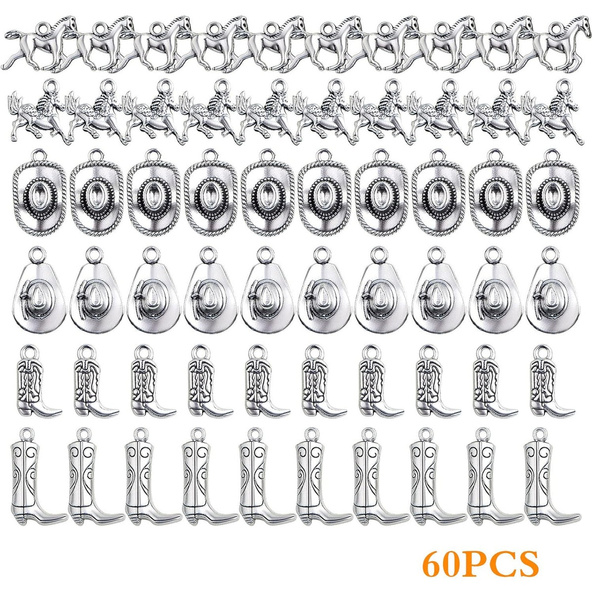 60pcs Antique Silver Western Cowboy Pendant Charms Alloy Mixed Western Horse Boot Hat Dangle Pendants for DIY Bracelet Necklace Jewelry Making Father's Day Gift, 6 Styles