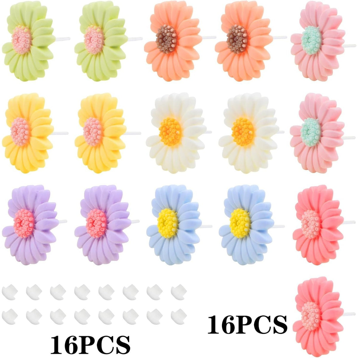 8 Pairs Sweet Resin Daisy Sunflower Stud Earrings Cute Chrysanthemum Earring Post Studs with Earring Safety Backs for Women Sensitive Ears DIY Jewelry Making, 8 Colors