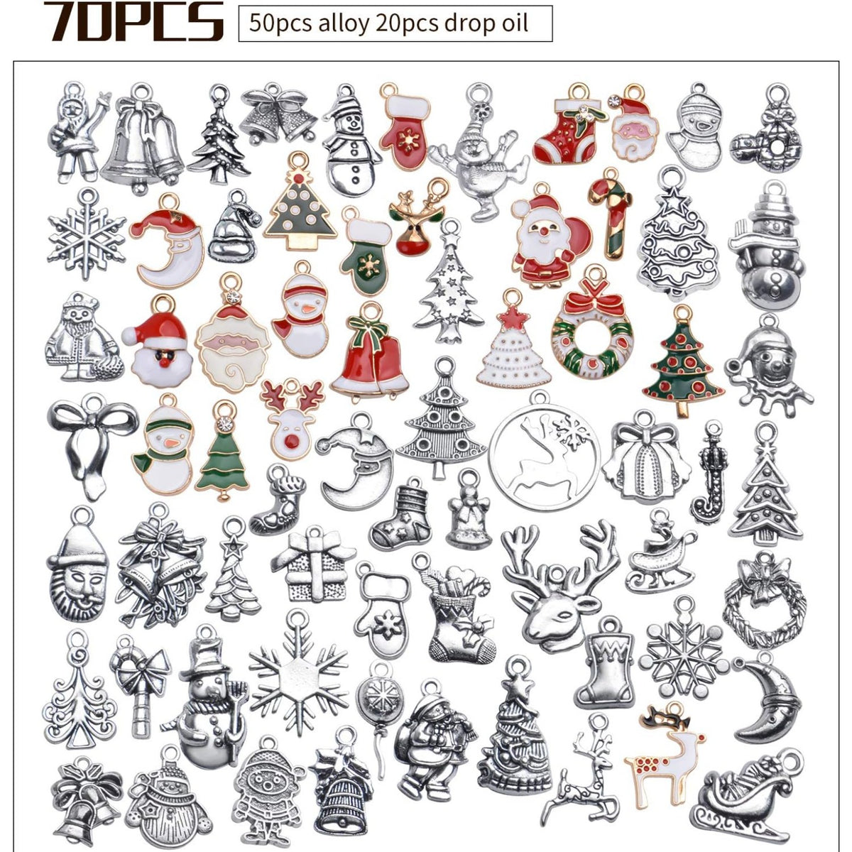 70 Pieces Christmas Charms Pendants Enamel Alloy Christmas Snowflake Tree Snowman Stocking Bell Deer Charms for DIY Earrings Necklace Bracelet Jewelry Making
