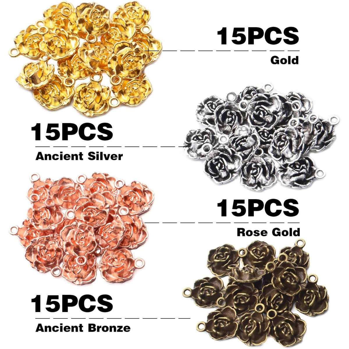 60pcs Rose Pendant Charm Tibetan Alloy Rose Flower Charms Pendants Flower Bead Charms DIY Earrings Bracelet Necklace Jewelry Making for Birthday Valentine's Gifts,4 Colors