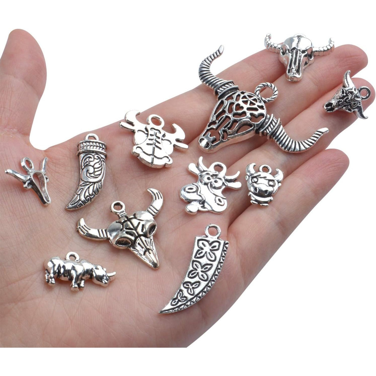 Cow Charms Bulk,100g (40-60pcs) Antique Silver Cow Pendant Vintage Alloy Cattle Charms for DIY Necklace Bracelet Keyring Craft