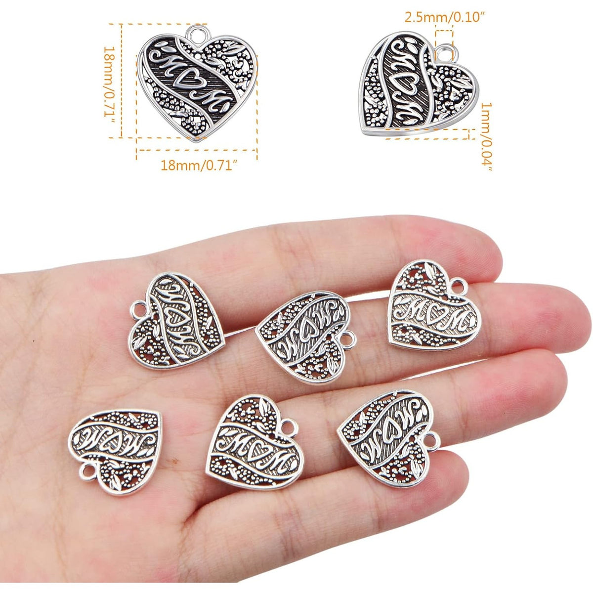 50pcs Antique Silver Mom Heart Pendant Charms Vintage Alloy Love Shaped with Word MOM Pendants Ornaments Craft Supplies for DIY Necklace Bracelet Jewelry Making