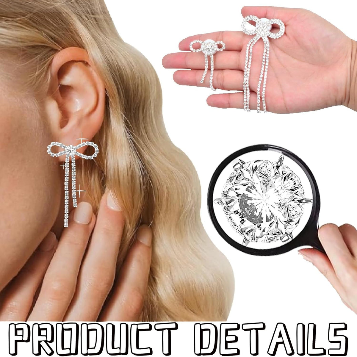 2 Pairs of Bow Rhinestone Dangle Earrings Silver Bowtie Tassels Ribbon Diamond Chain Drop Earring Studs Dangling for Women Bridal DIY Earrings Findings Wedding Prom Gift