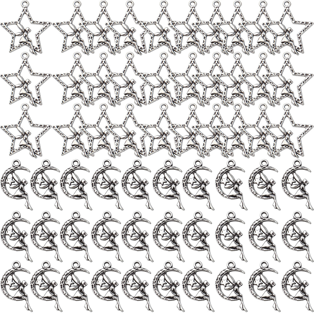 60pcs Fairy Moon Star Charms Alloy Angel Fairy Charms Pendants Crafts Supplies for DIY Jewelry Earrings Necklace Bracelet Making Accessory
