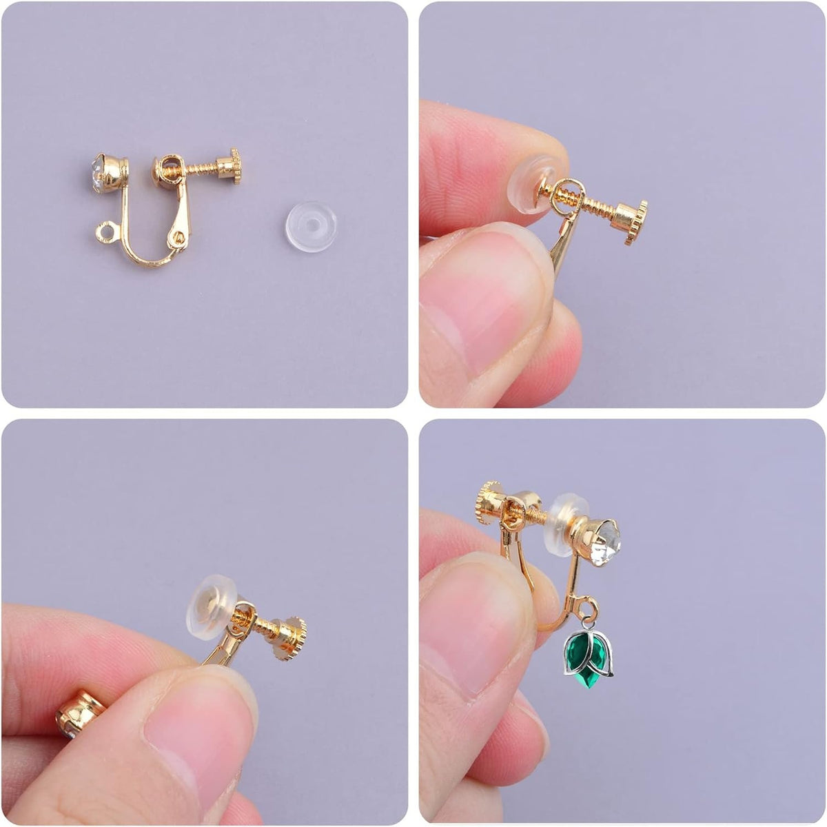 24pcs Brass Clip-on Earring Converters with Rhinestone Screw Back Earring Clips Components with Loop and 24pcs Comfort Earring Pads for Non Pierced Ears Jewelry Making, 3 Colors