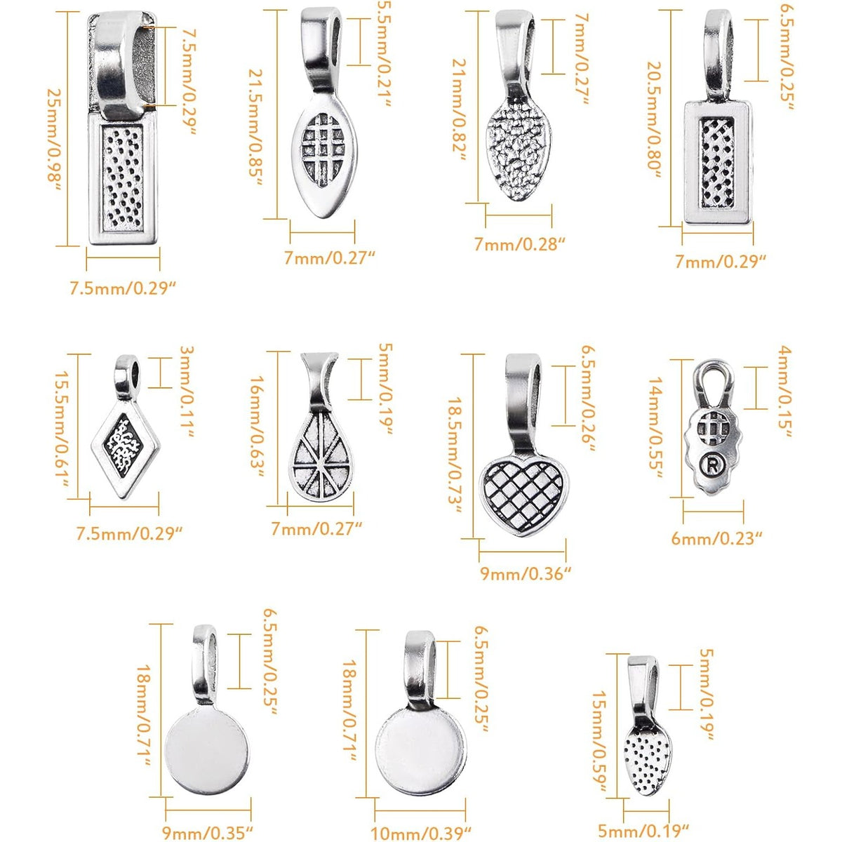 100 Gram Mixed Styles Tibetan Glue-on Bails Pendants Alloy Earring Bails Scrabble Making Supplies Glass Cabochon Tiles for DIY Necklace Bracelet Jewelry Making, Antique Silver
