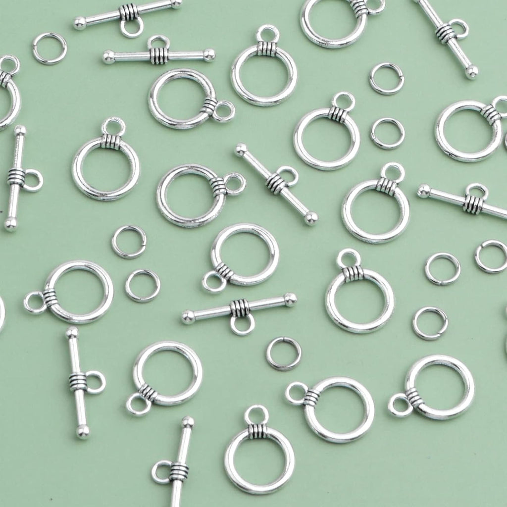 50 Sets Toggle Jewelry Clasp Sets Metal Toggle Clasps Connectors Bar and Round Ring Clasps with 100pcs Open Jump Rings and a Box for DIY Jewelry Making