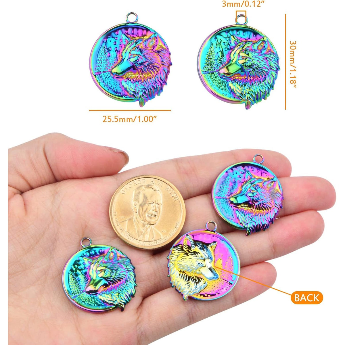 10pcs Rainbow Color Hypoallergenic Wolf Head Charms Stainless Steel Animal Head Shape Dangle Pendants Hanging Ornaments for DIY Necklace Bracelet Jewelry Making Supplies