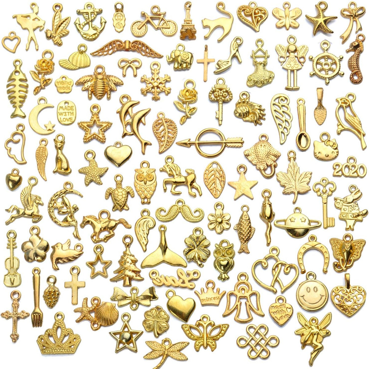 100pcs Gold Plated Charms Mixed Pendant Animals Plants Stars Charms for Necklace Bracelet Jewelry Making and Crafting