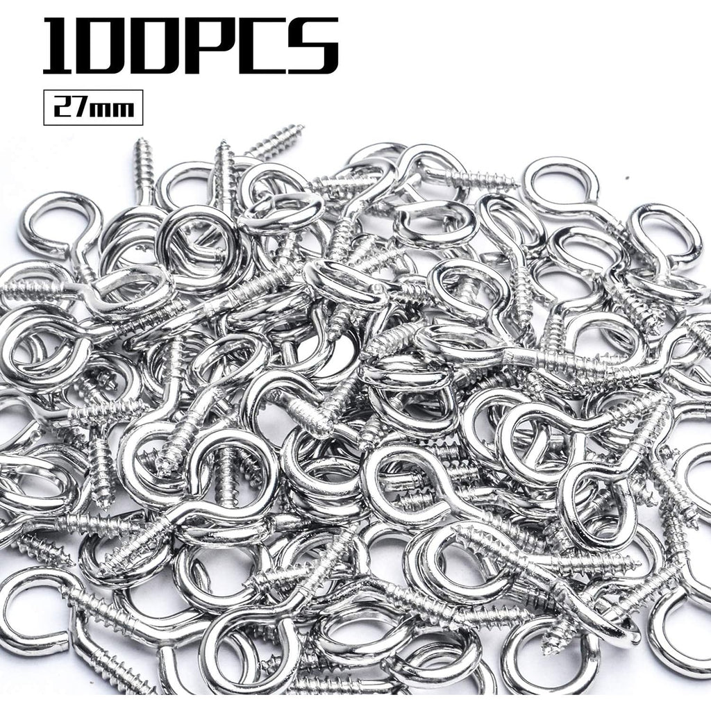 Eye Hooks Screw-in,100pcs Metal Eyes Hooks Eyelets Screw Threaded Self Tapping Eyelet Hooks 27x13mm for Resin Crafts Projects Outdoor Indoor Hanging