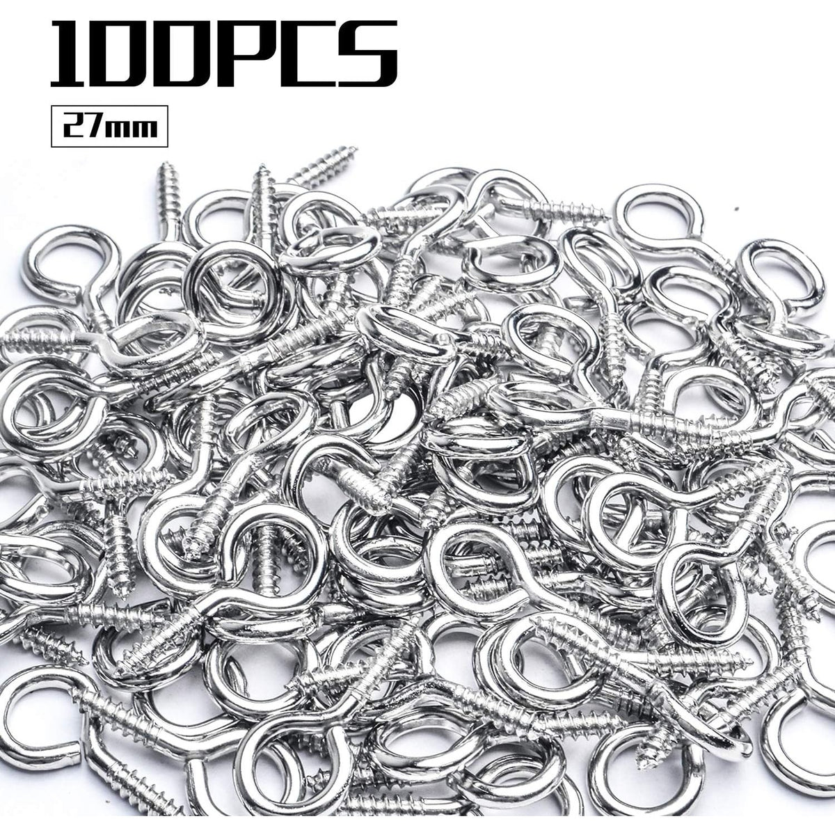 Eye Hooks Screw-in,100pcs Metal Eyes Hooks Eyelets Screw Threaded Self Tapping Eyelet Hooks 27x13mm for Resin Crafts Projects Outdoor Indoor Hanging