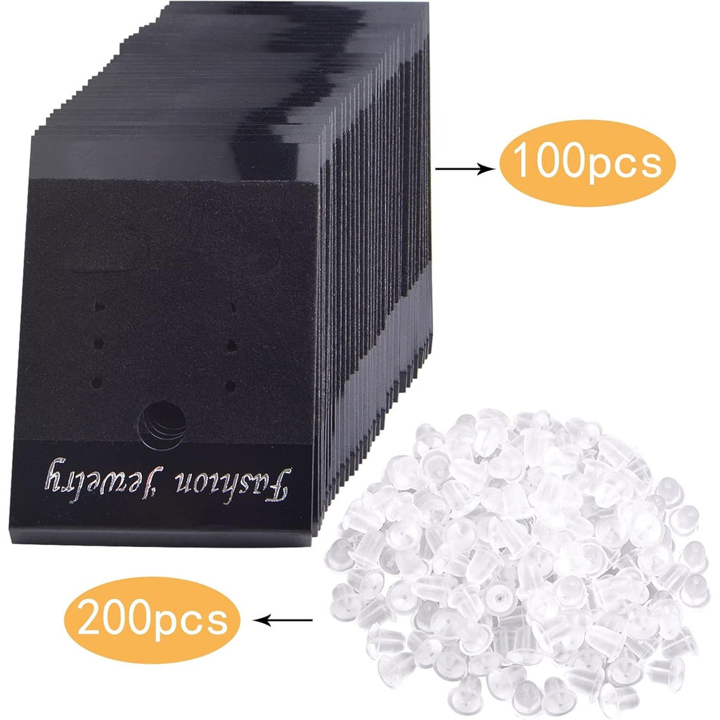 100pcs Black Earring Display Cards Velvet Plastic Earring Card Holders and 200pcs Clear Bullet Earring Backs for Ear Studs Jewelry Accessory Displaying, 3.7 x 5 cm