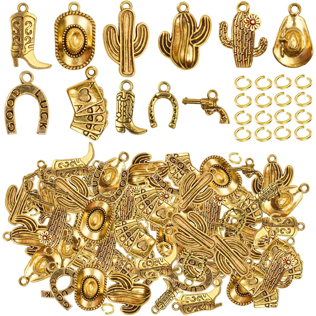 100 Grams Alloy Western Cowbo Cowgi Charms Antique Silver Mixed Cowb Boot Hat Horseshoe Dangle Pendants with 80pcs Split Rings for DIY Necklace Bracelet Earrings Jewelry Making