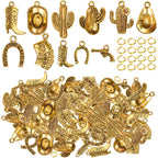 100 Grams Alloy Western Cowbo Cowgi Charms Antique Silver Mixed Cowb Boot Hat Horseshoe Dangle Pendants with 80pcs Split Rings for DIY Necklace Bracelet Earrings Jewelry Making